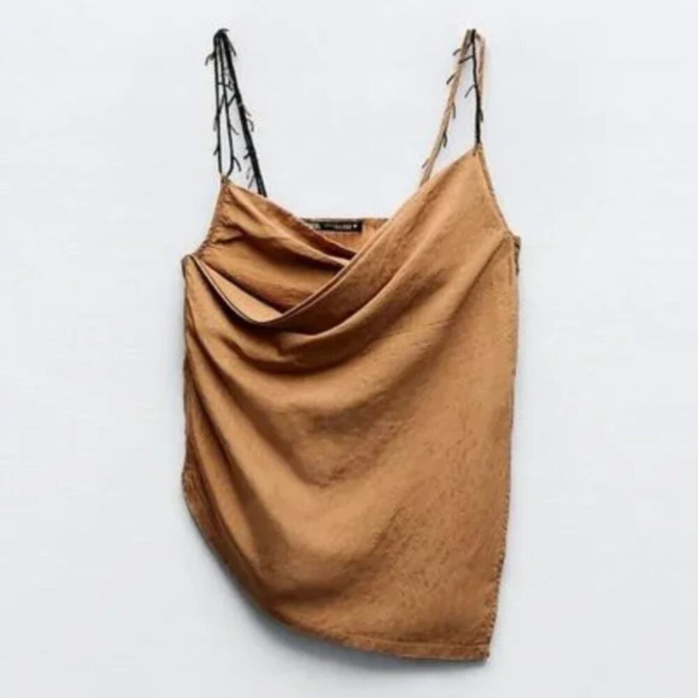 Zara Wrap Asymmetrical Beaded Top Side Tie Brown Black Size Medium